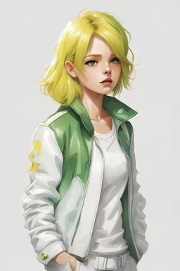 cute girl, white background , yellow green medium hair, looking at another point, illustration, wearing white leather jacket,