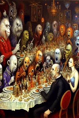 A clique of alien beings celebrate the end of the year eating at a table in James Ensor style