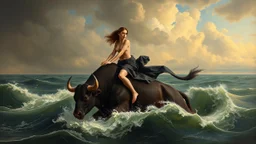 Allegorical painting of a semi-nude female figure riding a dark bull in turbulent waters under a vast, cloudy sky.