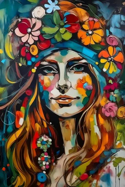 Painted portrait of hippie woman in turban full of flowers, very colourful, heavy makeup, long hair, loads of jewellery, painted by brush in style of water paint by George Braque