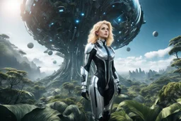 Wide-angle photo of a slim sci-fi woman with blond hair, wearing a silver and black futuristic android-like spacesuit, standing on an alien cloud tree jungle planet