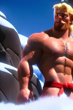 Ignore NSFW, teenager young rugged attractive slightly muscular fantasticly handsome blonde man, red briefs with yellow belt, hairy chest, (((visibly pisssing))) briefs, large erect visible boner peniss, photorealistic, artist Jay Anacleto, soft lighting, scruffy beard