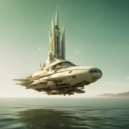 Tall vertical thin large detailed cream colored space ship floating on wide River very small green hull lights, Daylight, antennas, , luminescent , 35 mm focal length