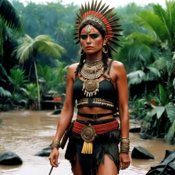 [by Francis Ford Coppola for Apocalypse Now (1979)] The jungle's dense, the mud hungry for her. The Mexican woman, S.W.A.T. warrior, precise in her movements, hands on her head. Adorned with tribal symbols, her cutout clothing revealing a warrior's arsenal. And just behind her, lurking like a nightmare brought to life, a beast akin to Swamp Thing emerged from the shadows. Its monstrous form twisted and contorted, melding seamlessly with the surrounding foliage. The woman, sweating and muddy, fo