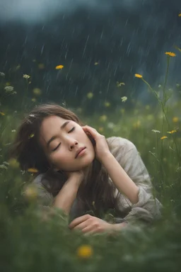 A girl lying in the middle of grass field while contemplating, detailed expression, heavy rain weather, the rain wet her face, the field is transformed into a dreamlike landscape straight out of a Studio Ghibli movie. The delicate details and vibrant colors make this a truly unique and captivating image. angle from below