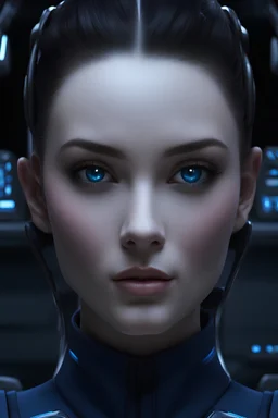 pale beautiful female, dark bun hair, wearing high tech blue navy officer outfit, sitting on high tech scifi chair, photorealistic, bokeh, on a spaceship, both arm resting on the chair