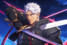 Shirou with black skin and white hair in 8k anime fate stay night drawing style, archer them, archer custom, close picture, neon, intricate details, highly detailed, high details, detailed portrait, masterpiece,ultra detailed, ultra quality