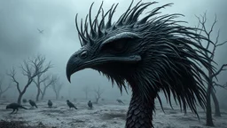 close up weird crepy bird head, and far away Birds and trees in alternative surreal barren, dry, gloomy world, nightmare in abyss, deep vortex, black, gray, purple, brown, silver, dark red colors, surreal, weird dark fantasy, deep dark colors, sharp lines, crepy stunning, high detalied, weird, fog, shadows, realistic, surreal, highly detailed, melancholic thriller mood