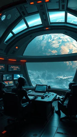 A centering dynamic view action of an alien spaceship control room with huge windows looking at planet Earth led by aliens sitting and monitoring earth war activities and nukes showcasing the fusion of sigma and Neumorphic elements, depicting a fully fantasy . Stance on black mechtech battlefields abandone Dojo.
