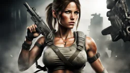 woman, a mix of lara croft from tomb raider and ghost from call of duty