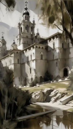 A gray monastery made out if steel painted by John Singer Sargent