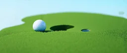 golf ball with shadow next to the hole, ground is short groomed natural green grass, clear blue sky, add texture and depth, realism