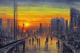 Sunset, cyberpunk buildings near trees, highway, people, sci-fi, concept art, tendency to impressionism, realistic painting