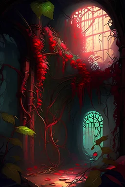 Abandoned Azetc steampunk dungeon room in overrun with vines and red flowers painterly fantasy rpg art