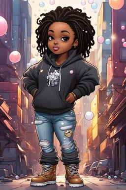 Create an colorful urban comic book illustration of a chibi cartoon black female thick curvy wearing a cut of grey hoodie and black jeans and timberland boots. Prominent make up with long lashes and hazel eyes. Highly detailed shiny sister locs. Background of a large bubbles all around her