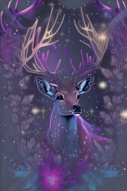 Deer, magic sparks around out her mind, beautiful colorfully flowers and star pattern on fur front facing dark smooth colors high contrast background, darkred and purple tones, symmetry, hyper detailed.