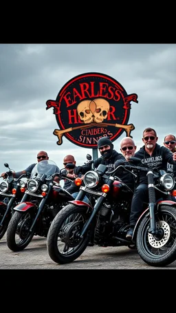 a very hard and tuff motorcycle bald gang, posing with their Harley Davidsson bikes, some of them holding guns and shotguns, a logo sign with Falköpings HD Club, "Fearless sinners" Skulls and bones, skeletons
