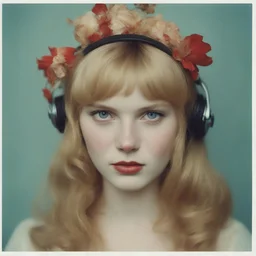 1960s Polaroid head shot of blond vlada roslyakova,she has freckles on her face, pouty lips, red nose, hair adorned with strange flowers, red cheeks and nose, headphone