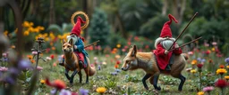 depth of field, halo, blue and red clothed gnomes riding cat foxes with lances in garden of eden in the style of Escher and Giger