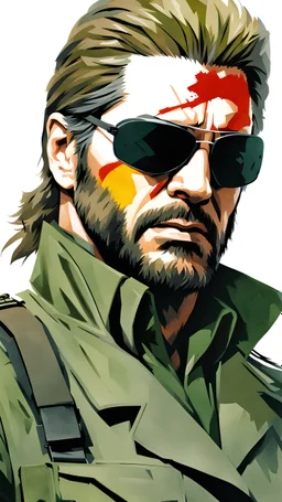 Masterpiece painting of Big Boss with an eyepatch from Metal Gear Solid 3: Snake Eater, slight watercolor style, ultra detailed character, simple background, Professional Quality painting, full body shot, vibrant colors.