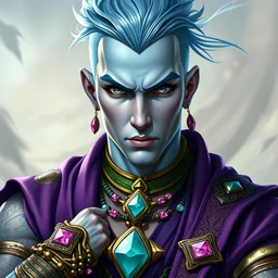 Adult light blue skinned male air genasi human monk from dungeons and dragons, athletic features, sky blue medium hair undercut, wind like elemental aura, mid 30's, muscular with elegant heavily embellished purple monk apparel, thin green metal religious necklace and heavy bracelets with pink diamonds and light blue jade stones, round grey blue eyes, human with godlike features, wind like hair see through, bright colored religious tattoos, realistic high def details, ready to battle.