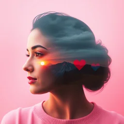 Double Exposure Of A Beautiful Woman (Face) With Mini Maroon Whirling Hearts With Cloudy Sunset And Small Pine Trees On Mountains in a Grunge Pink And Red Background.