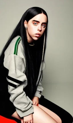 Billie Eilish, sitting on a chair, Black Short Dress, high detail, realistic