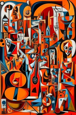 A dark orange color metropolis made out of jazz instruments painted by Pablo Picasso