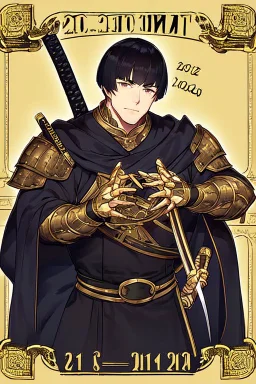 A handsome 30 year old knight, black hair, male bob haircut, in black-and-gold plate armor, golden katana in both hands, no beard, european