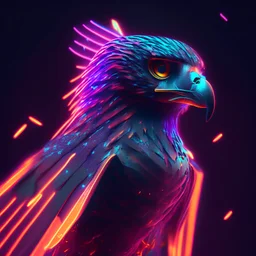 The one who flys with the howl, Falcon face, human body, colorful light, neon stripes, clear very height details, Octane render