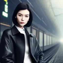 A beautiful slender well dressed young Asian woman with short black hair and a black trench coat, waiting for a man at night at a train station in London