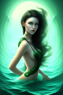 lady muse with black hair dark green eyes in the ocean