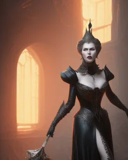 old evil queen in black leather gown, femme fatale, volouptous, busty, cleavage, angry, emperious, 8k resolution concept art portrait by Greg Rutkowski,