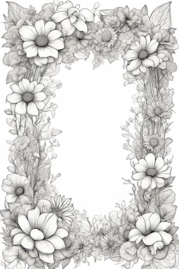 black and white wide beautiful cute floral frame for coloring pages, use big flowers, go all the way to the edges but leave a lot of space in the middle of the page, use only black and white, clear crisp outlines, no black background, go all the way to the outer edges of the page.