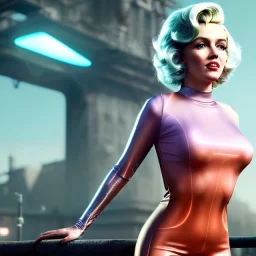 Realistic press image, retro sci-fi, portrait, waist up view, blonde woman, sweet Marylin Monroe face, perfect iris, glow eyes. tight latex tights suit. Retro Futuristic city, cars flying. epic style, vibrant color, highly detailed, unreal engine 5, ray tracing, RTX, lumen lighting, ultra detail, volumetric lighting, 3d, finely drawn, high definition, high resolution.