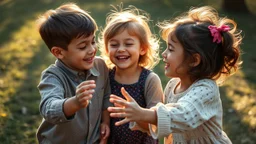 Nikon D850 with Nikkor 24-70mm f/2.8 lens at f/2.8: [Beautiful happy telepathic young boys and girls playing together with finesse, devotion, and serendipity as best friends], [soft natural volumetric cinematic light catches their movements with chiaroscuro effects], creating [a sense of magic and fantasy]. High-angle perspective, focus on close foreground detail, exquisite composition with beautiful intricate details, 16k artistic photography style, photorealistic concept art