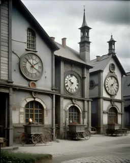 A gray factory with iron clocks designed in German folk art painted by Georges Seurat