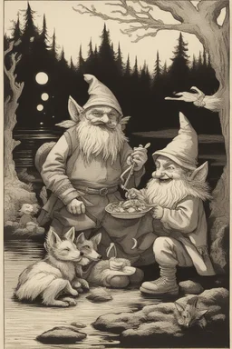 a gnome and a goblin eating in front of a fish fire with figure with fox mask behind, riverbank, night, moonlight,