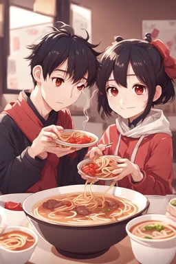 cute anime style couple eating beef noodle soup