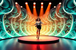 modern stage with a pretty lady in modern clothing dancing, 3D recursive fractal structure animating background