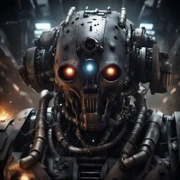 a close up portrait of an evil combat robot. photorealistic. lots of greebling; little hoses, lights, and weapon systems. chaos space marine meets the matrix meets the Borg. the lighting should be dark. it's approaching you in the shadows of a dark spaceship corridor. it's battle damaged. some burn marks and bullet holes. incredibly ominous. one eye is covered by a targetting device.