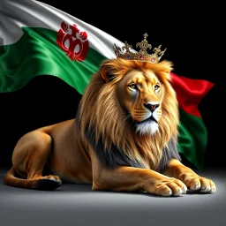 Create A hyper-realistic highly detailed image of a majestic lion lying down, wearing a royal crown. The lion's fur should be rich and textured, with a regal and powerful presence. Behind the lion, the flag of the Republic of Bulgaria waves gracefully, its white, green, and red colors vivid and well-defined. The background should be an elegant, deep black, creating a striking contrast that enhances the grandeur of the lion and the flag. The lighting should be dramatic, with