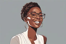 Generate a minimalistic illustration of a female figure in a simple and elegant style.modern aesthetic, centered, african lady, eyeglasses, having fun, laughing, enjoying, cool, upper body, color code "8D99AE", color code"FB8500", color code "FFB703".