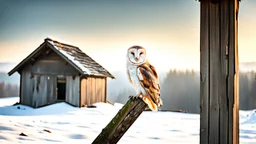 a barn owl sitting an old ruined hut's rooftop and looking to te camera, over a winter landscacpe with european forest , little light, sunrise, high detailed, sharp focuses, photorealistic, perspective, cinematic