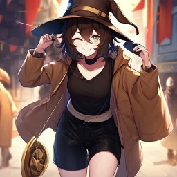 Clear focus, High resolution, short brown spiky hair, hair between eyes, eyes closed, wearing a brown detective hat, wearing a brown jacket and a black shirt, wearing black shorts, 1girl, pulling hat down, smiling, wearing a oversized hoodie