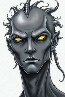 Handsome masculine Humanoid creature with pitch black skin, yellow slitted pupil eyes, tentacle hair. Drawn