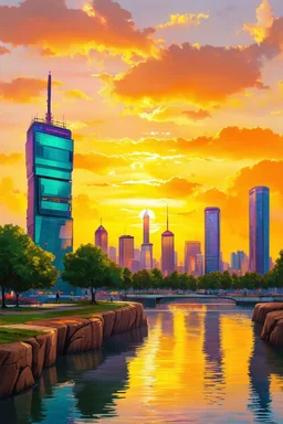 Amazing colorful sunset, buildings, lake, rock, city, park, cyberpunk, sci-fi, photography