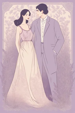 an illustration of a Beautiful woman AND MAN stands gracefully in an elegant, flowing lavender dress adorned with delicate floral patterns and lace. The backdrop behind her transitions from cream at the bottom to soft hues of lavender at the top, creating a whimsical and almost magical atmosphere. To her right, a piece of lined paper appears, as if torn from a notebook. The borders of this paper are embellished with beautiful flowers,