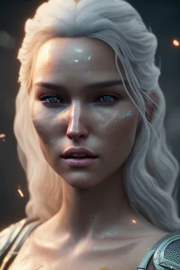 Camilla luddington face, texture skin,Crystal yellow eyes, long white hair, wearing The witcher 3, realistic, 4k, intricate, best quality, fog particles, fire particles, octane render, vray, sword fire