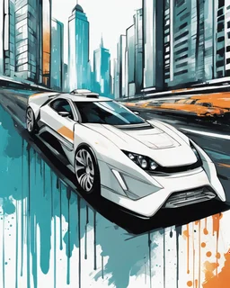 vector t-shirt design, minimalistic ink drawing style, vanishing point on white paper, water color splash, A futuristic cityscape with flying cars soaring between skyscrapers. Digital art, Cyberpunk. In the artistic vision of Linus Martell., painting, illustration